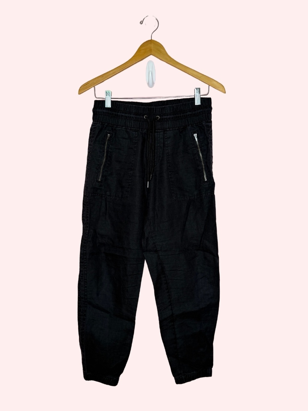 Athleta Women’s Linen Black Drawstring Jogger Pants with Zip Pockets